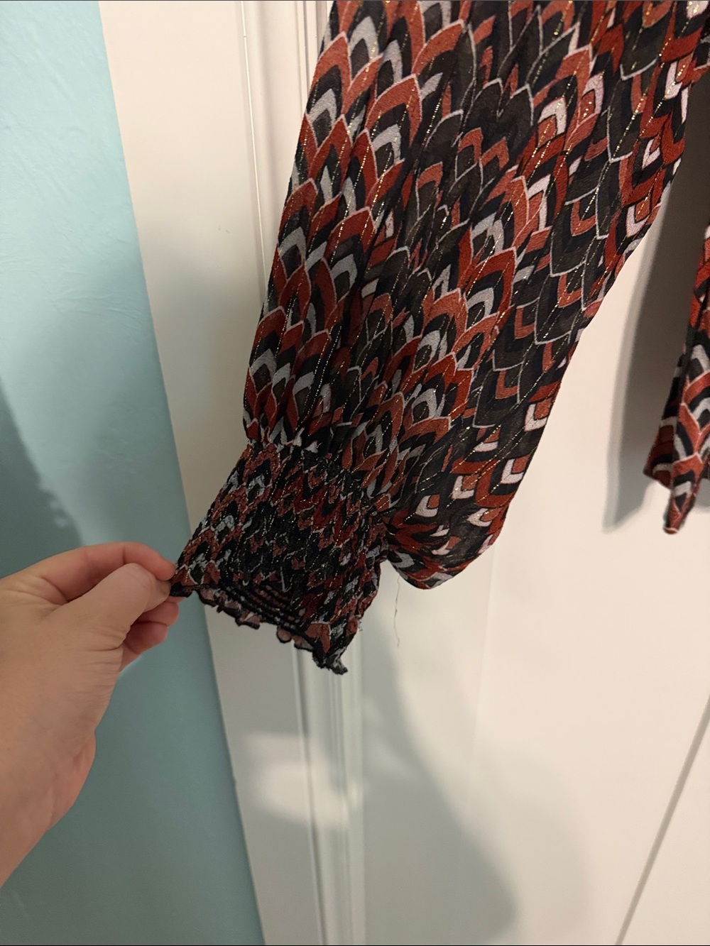 Blank London Anthropologie Sequin-Shoulder Printed Blouse in Rust Multi - Picture 8 of 8